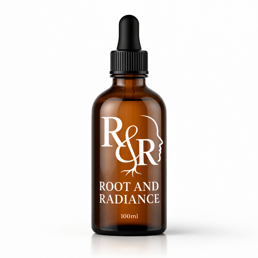Root and Radiance personalised topical solution bottle