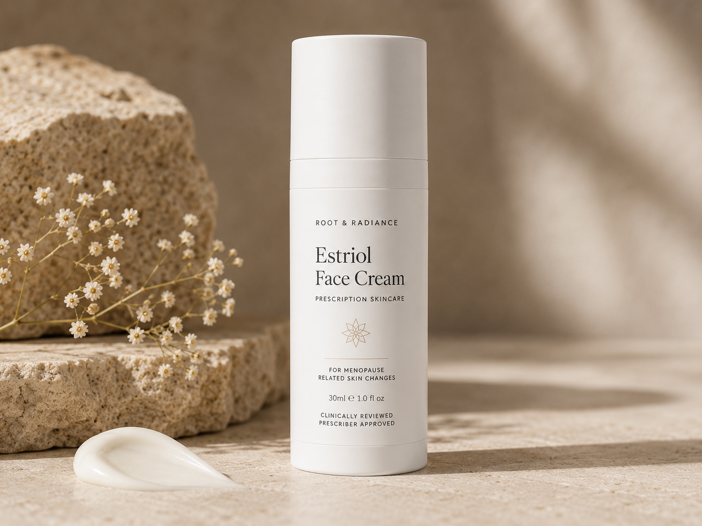 Estriol face cream texture and product packaging